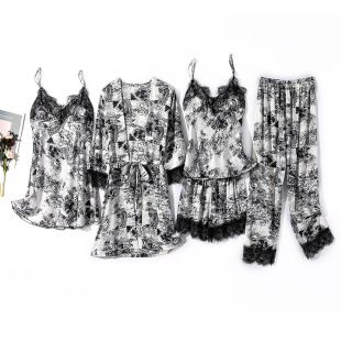Sexy pajamas women Summer Ice Silk thin skirt spring and autumn style V collar side robe five piece home clothes