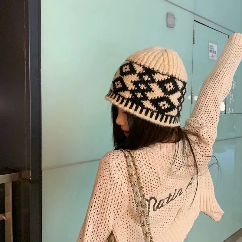 韩版潮款大头围宽松复古针织帽子女时尚通勤拼色保暖针织护耳冷帽|undefined