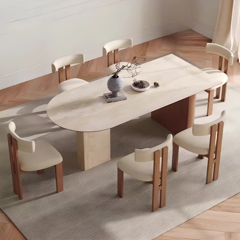Mesa de comedor de madera sólida medieval de piedra y tabla de roca de diseño retrógrado de estilo francés, mesa de comedor de isla semi-elíptica creativa