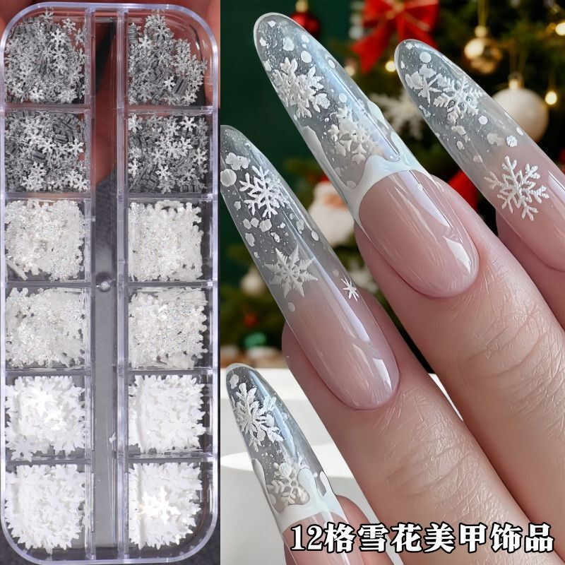 New 12-Grid Christmas Snowflake Nail Art Jewelry Ice-Transparent Fine Glitter Powder Popular Sequin Nail Diamond Christmas Decorations