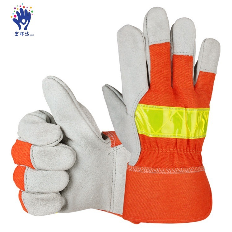 二层牛皮消防防护反光条手套 半皮园艺工地劳保耐磨焊工电焊手套