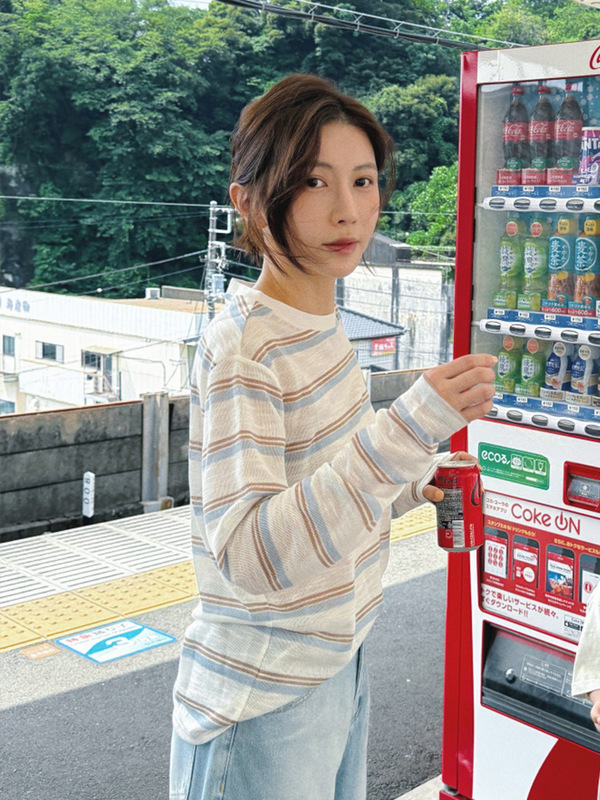 韩系chic别致条纹防晒长袖T恤女夏季设计感小众外搭薄款罩衫上衣|undefined