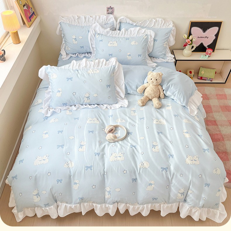 Juego de cama de encaje estilo princesa coreana de cuatro piezas 2025 funda de edredón ropa de cama de tres piezas para estudiantes y niñas