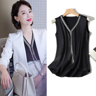Chen Shu's Same Camisole Women's Summer Suit Backing Shirt Imitation Silk Satin Loose Sleeveless Shirt [2113]]
