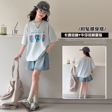 女童套装夏2026新款儿童中大童修身短袖T恤棉牛仔短裤两件套童装