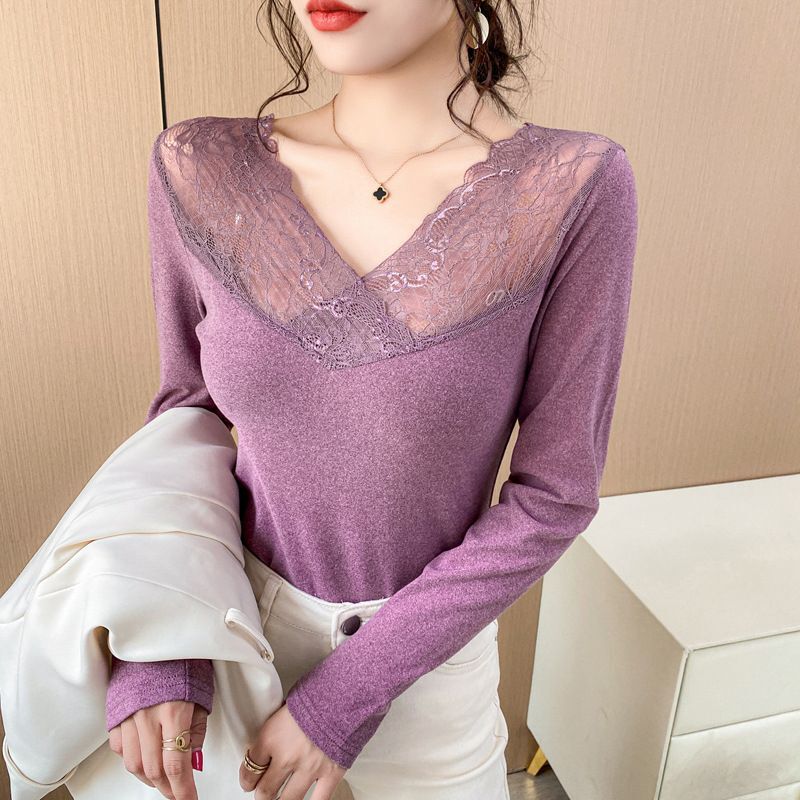 2026 Fall/Winter New Sweet and Spicy Style V-Neck Lace Long Sleeve T-Shirt for Women, Stylish and Slim-Fitting Top