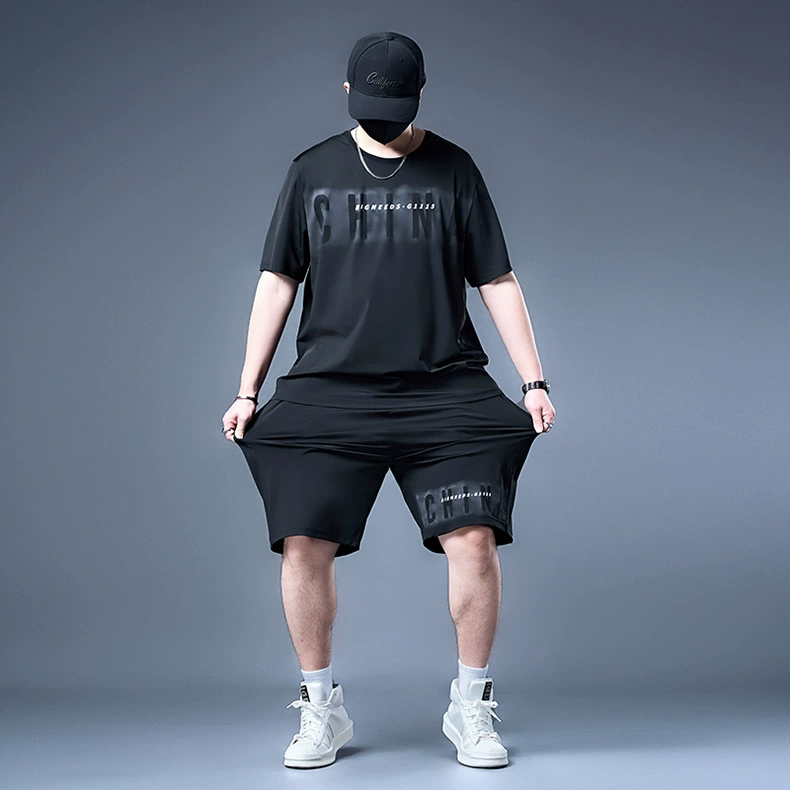 «73729-Pure-Black-1117 Bingshi Short T-black 1118 Pants Set Summer Set Trends Large-size Men's»