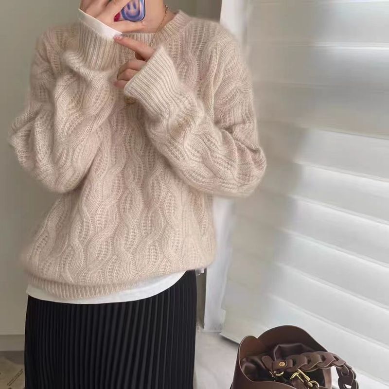 新款圆领100纯羊毛衫女宽松绞花毛衣镂空套头慵懒针织打底羊毛衫|undefined
