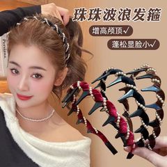 歯付きネットセレブヘアフープ、滑り止め、高さアップ、新しい落下防止レトロベルベットヘアフープ、パール巻き高級多用途ヘアフープ