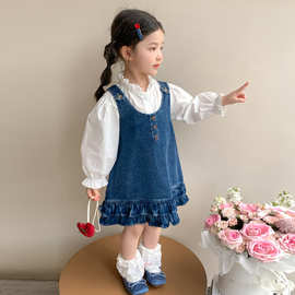 女童秋日套装2025新款网红炸街女小童牛仔背心裙立领衬衣韩版潮款