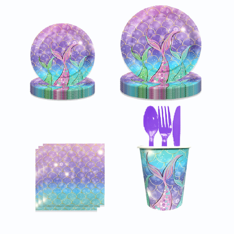 Spot Purple Fish Scale Mermaid Children's Party Supplies Fish Tail Theme Birthday Party Decoration Tableware Paper Plate Tissue Spot Purple Fish Scale Mermaid Children's Party Supplies Fish Tail Theme Birthday Party Decoration Tableware Paper Plate Tissue