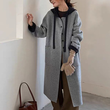 韩国货双面羊绒大衣女装长款针织帽子单排扣小个子羊毛外套网红款
