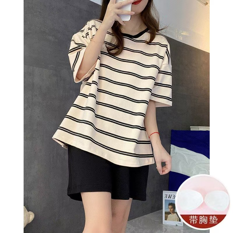 Conjunto de pijama de manga corta con cuello en V y almohadillas en el pecho, estilo nuevo para comercio transfronterizo, ropa de estar informal a rayas de verano para mujer.