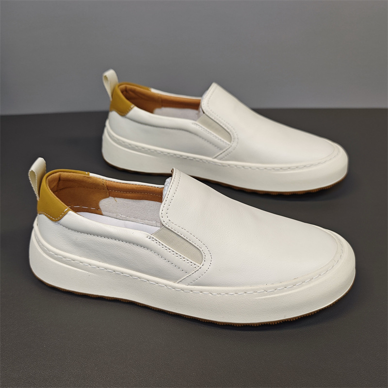稀缺外贸尾单春季透气乐福鞋男真皮一脚蹬日系懒人鞋时尚小白鞋潮