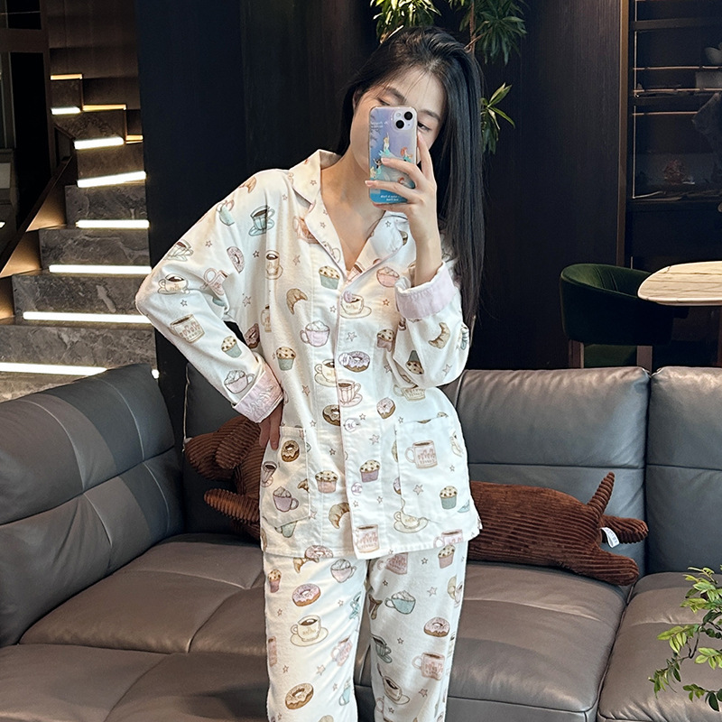 PJSawage双面磨毛棉质长袖长裤套装可外穿睡衣月子服家居服女pjs|undefined