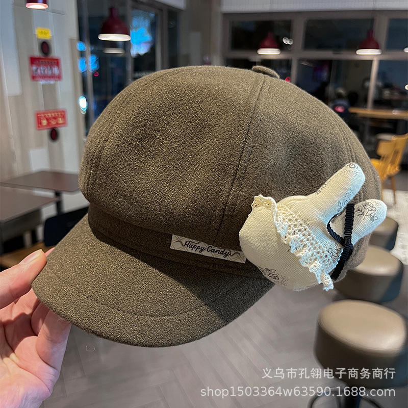 可爱卡通蕾丝兔子八角帽子女秋冬时尚保暖毛呢报童帽显脸小鸭舌帽|undefined