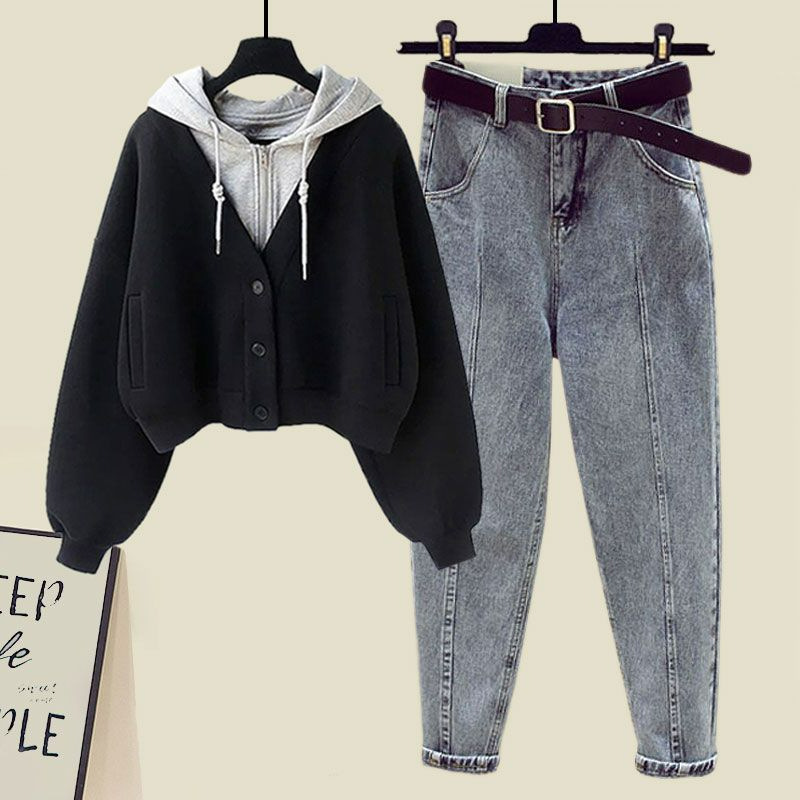 No belt# jeans suit# fake two hooded vests women 2024 new Korean straight jeans tide