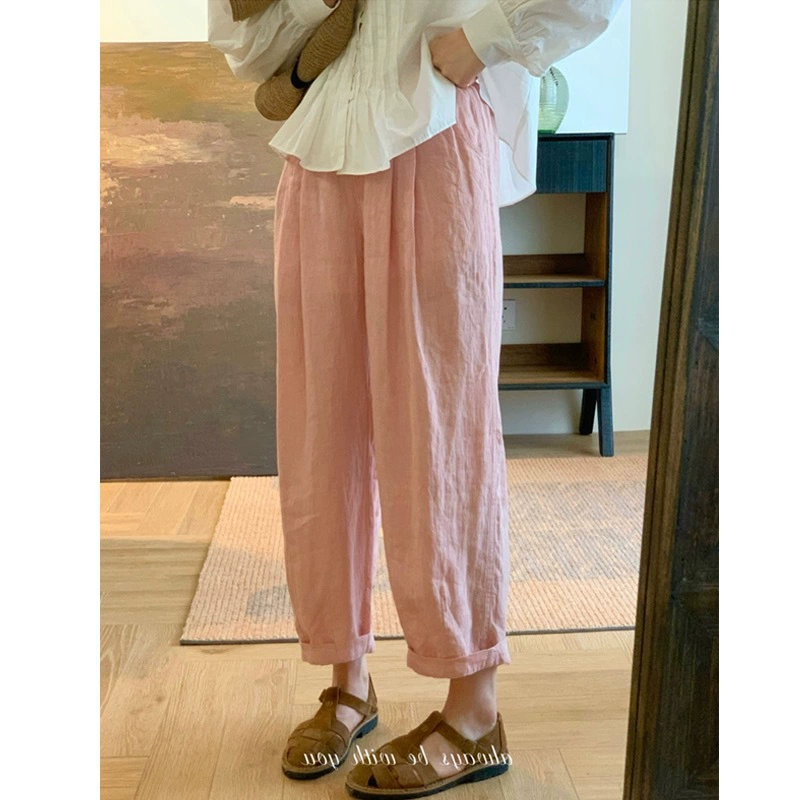 Брюки для беременных из хлопка и льна, весна-лето 2024, новые, с высокой талией, утягивающие, фасон «банан», укороченные, фасон «морковка»