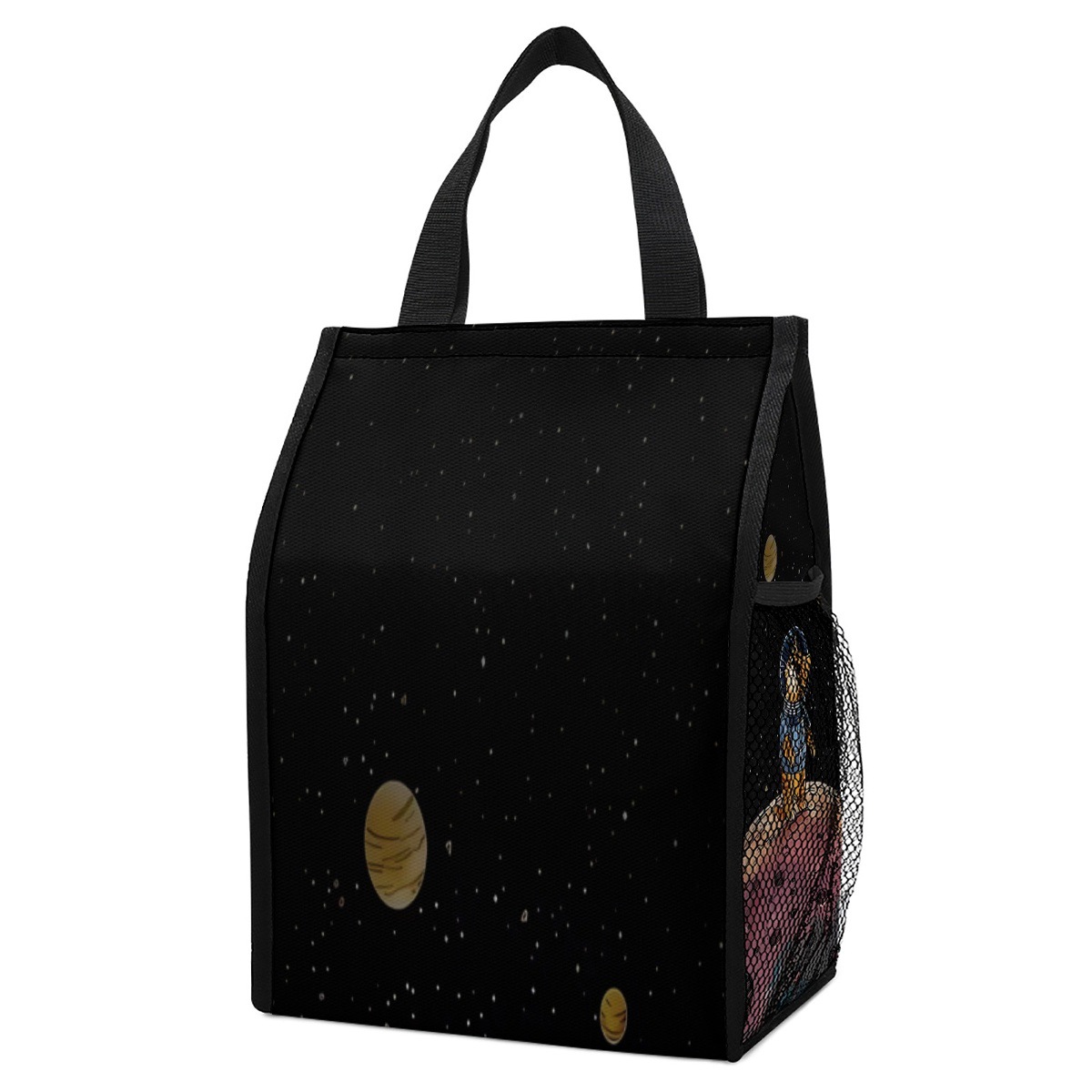 月球上的宇航员猫图案印花午餐袋保温袋餐包，容量大有侧网袋