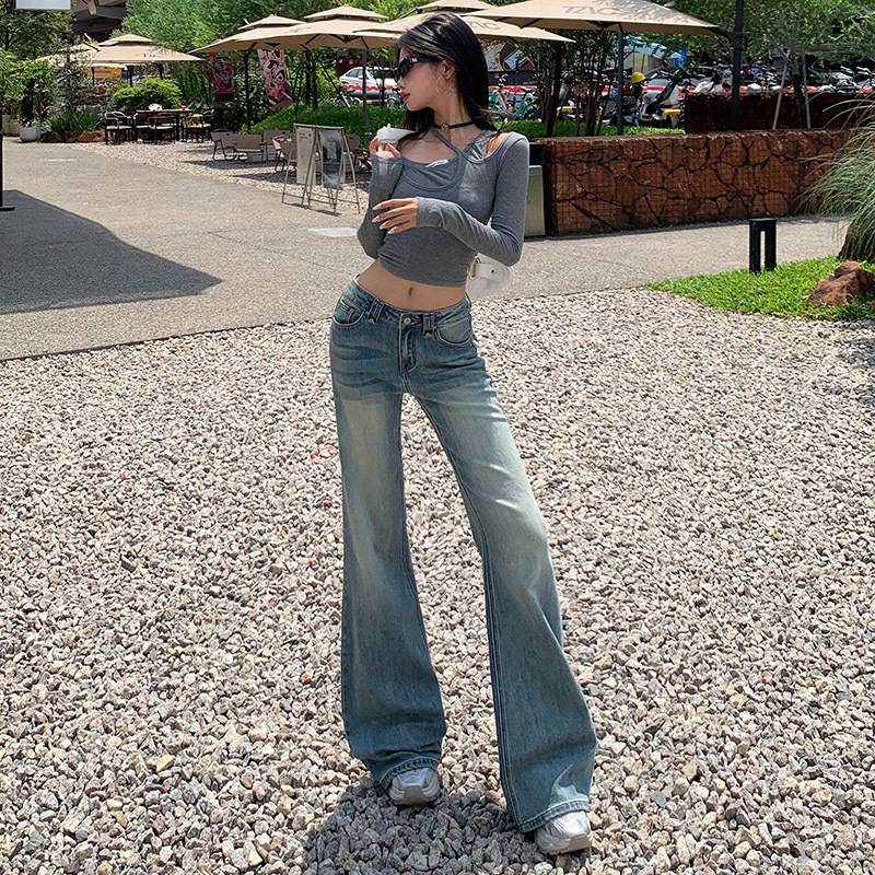【Zr】American Retro Stretchy Flared Pants Low-Waist Slim Fit Non-Stick Leg Flared Jeans for Women Trendy