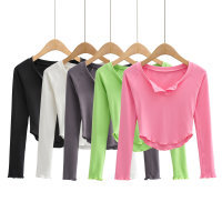 V-neck solid color long-sleeved top NSHS47168