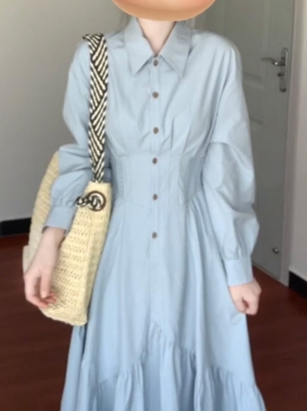 秋季流行穿搭蓝色POLO领连衣裙高级感收腰显瘦衬衫裙知识分子裙子|undefined
