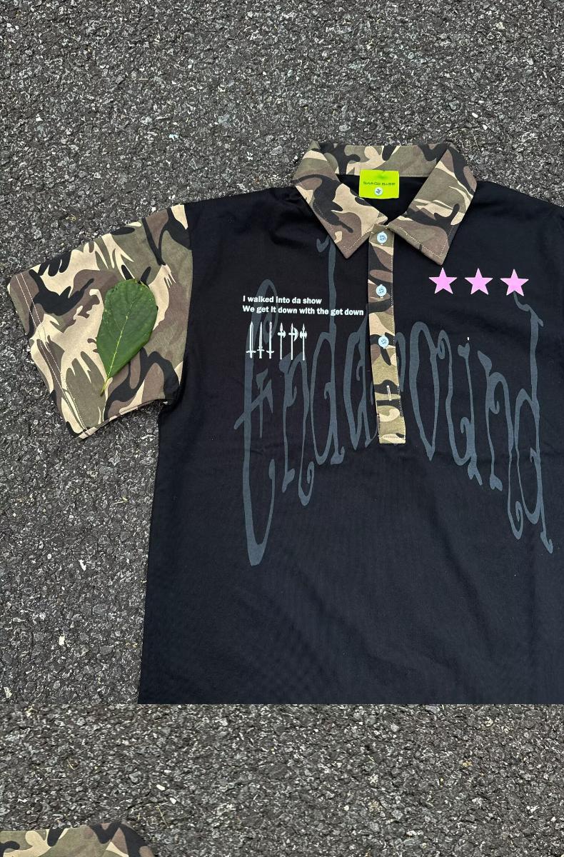 Men's Clothing Men's Hip Hop Camouflage Patchwork Collared Short Sleeve T-Shirt Trendy Streetwear Loose Fit Casual Five Quarter Sleeve For Couples_viptrois.com