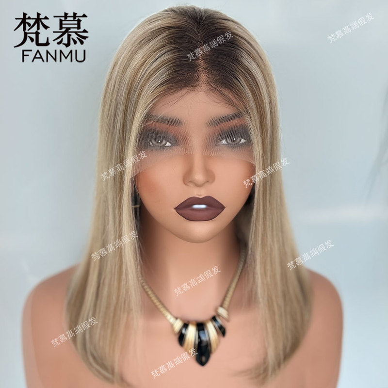 European and American Cross-Border Classy White Wig Glue-Free Headgear Front Lace Short Straight Full Human Hair Bob Wig Set