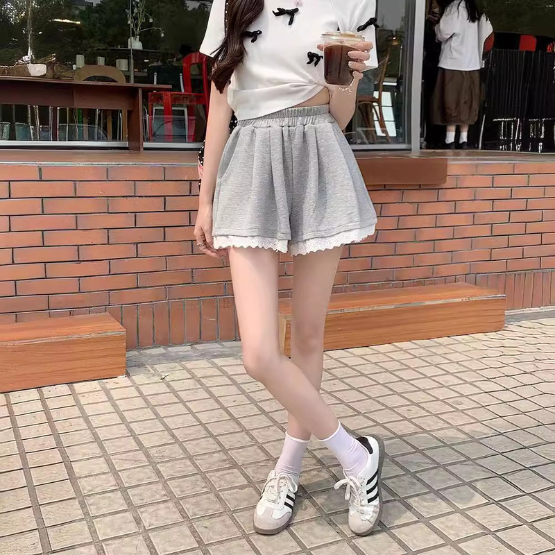 Lace Lace Grey Casual Pants Women's Summer All-match Slimming Loose Wide-leg Pants with Loose Waist for Niche Outfit Shorts