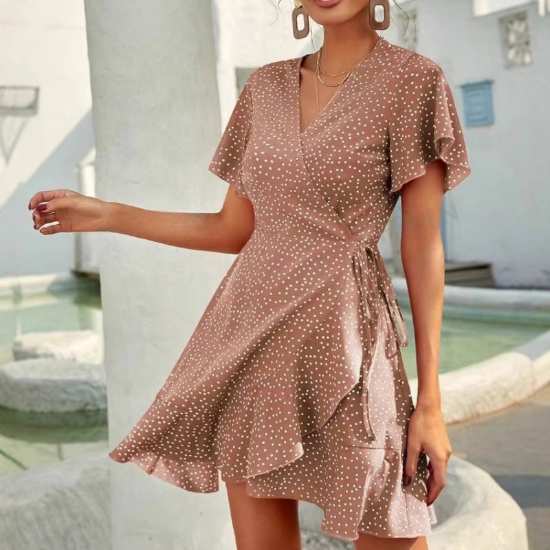 Cross-border Summer French Polo Dot Wrap Lace-up dress Sweet Girls V-neck Cardigan Strap Short-sleeved dress