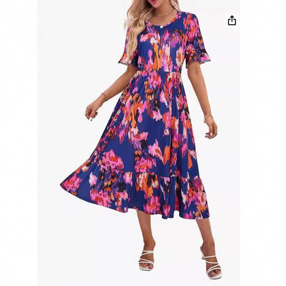 Amazon Women's Summer Dress Casual Short Sleeve Round Neck Layered Elegant Mid-Length Beach Dress with Pockets