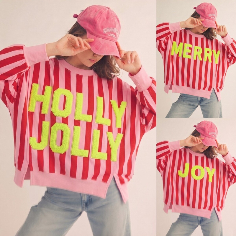 2026 new European and American style Christmas striped letter print sweatshirt for women, featuring a loose fit, round neckline, drop shoulder design, and long sleeves, perfect for casual wear 2026 new European and American style Christmas striped letter print sweatshirt for women, featuring a loose fit, round neckline, drop shoulder design, and long sleeves, perfect for casual wear