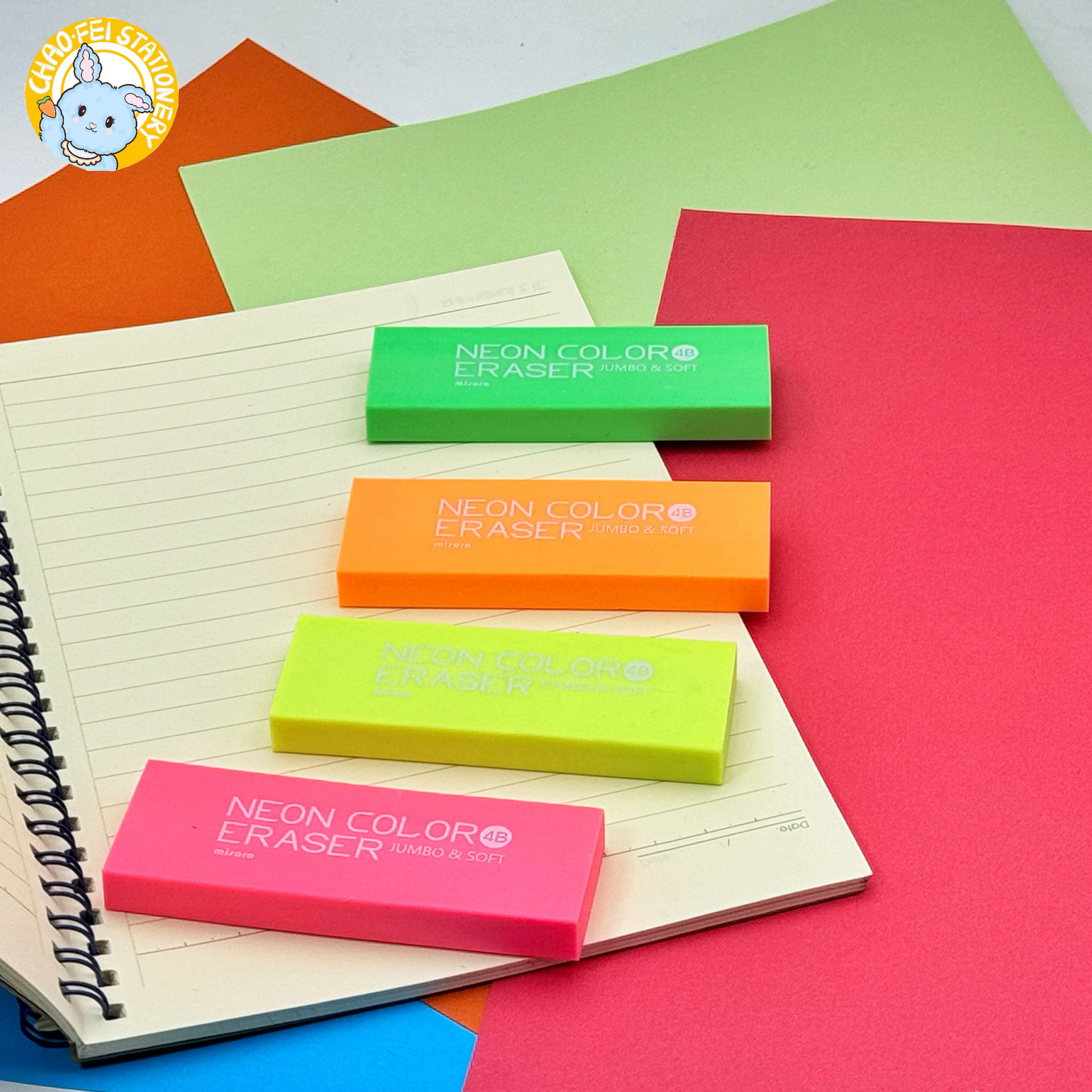 荧光色4B橡皮擦学生考试素描绘画办公pvc橡皮易擦少屑文具批发