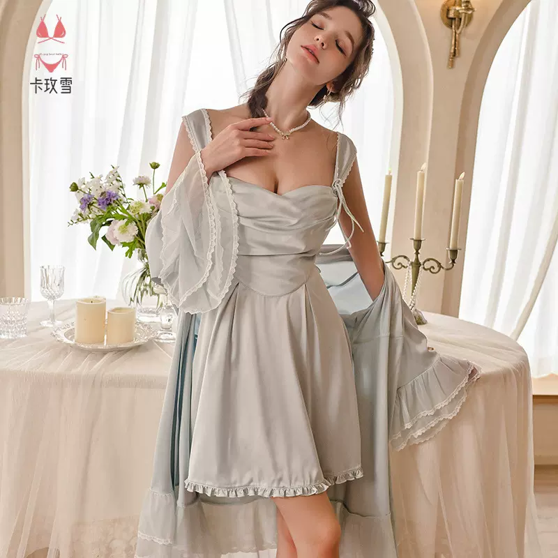 卡玫雪性感冰丝薄款睡裙女士家居服睡袍褶皱裆领清凉露背吊带2249