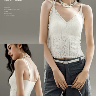 8863C蕾丝保暖背心内衣女带胸垫免穿文胸内搭一体式V领吊带上衣