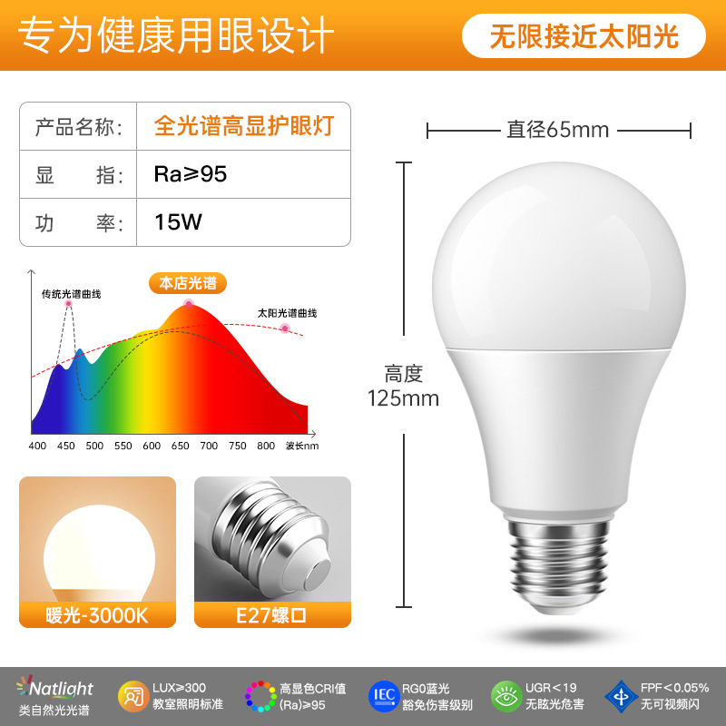 Bombilla led de espectro completo, pantalla alta, una lámpara de bombilla de aluminio recubierta de espuma, protección ocular e27e14, lámpara de ahorro de energía de iluminación para el hogar de boca de tornillo