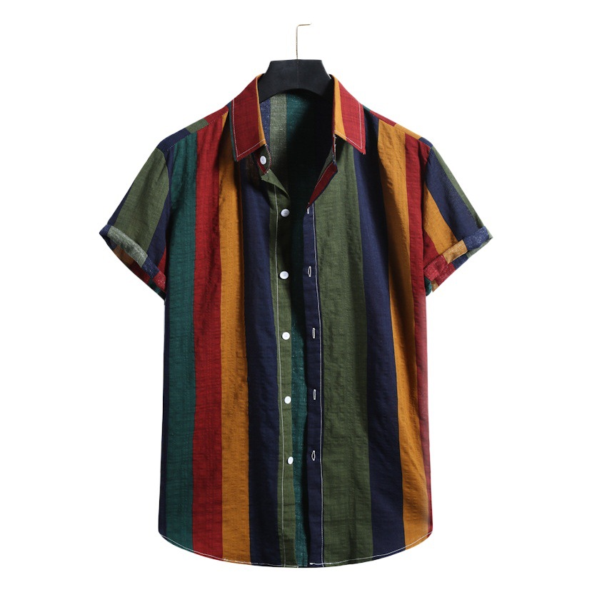 2021 verano nuevo tamaño europeo rayas camisa casual solapa manga corta personalidad color rayas camisa delgada para hombres
