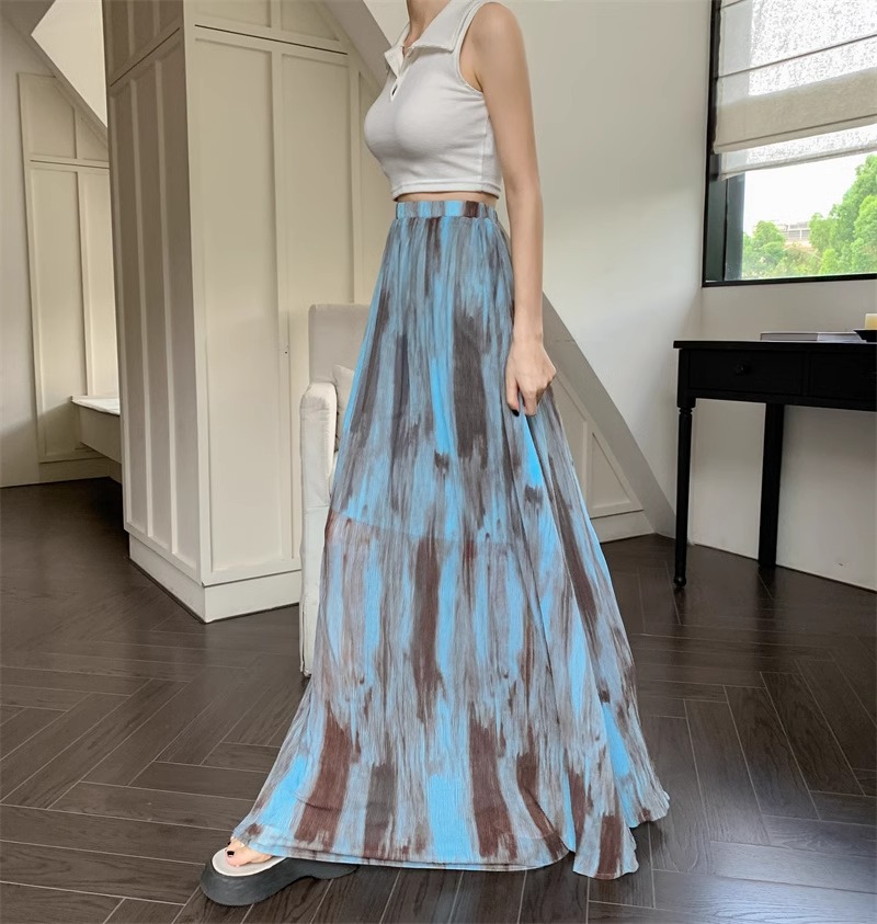 350g Weight Maxi Long Dress Dress Length Type Skirt Dresses Type Spandex, Polyester Fabric Type High Waist Waist Line Micro-Elastic Elasticity Holiday, Daily Occasion Loose Fit Type Printing Pattern Summer, Spring Season Women's Gender Vintage Style, Streetwear Style Blue Color Vintage Tie-Dye Midi Skirt For Women Spring Summer Vacation Style High Waist Slimming A-Line Skirt Draped Long Skirt Niche Flared Skirt Street Style High Street 4