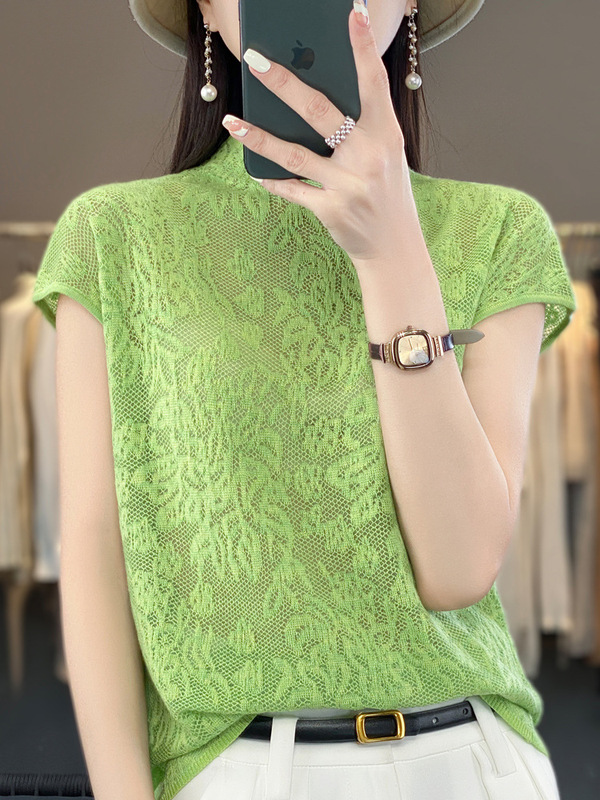 2023 Summer Senior Women's T-shirt Short-sleeved High-grade Lace Shirt Hollow Embroidered Elegant Solid Color Mesh Top 2023 Summer Senior Women's T-shirt Short-sleeved High-grade Lace Shirt Hollow Embroidered Elegant Solid Color Mesh Top