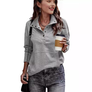 Europe and America Amazon foreign trade cross-border 2023 autumn and winter solid color pocket design long sleeve button fashion street women's sweater