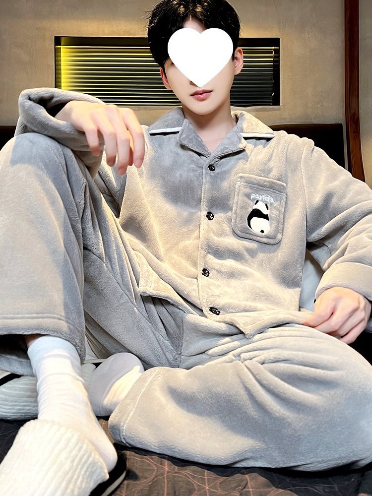 Pajamas for Men in Autumn and Winter Thickeneded Coral Velvet Suits That Can Be Worn Outside Home Clothes Warm Long-Sleeved Spring & Fall Large Size Flannel