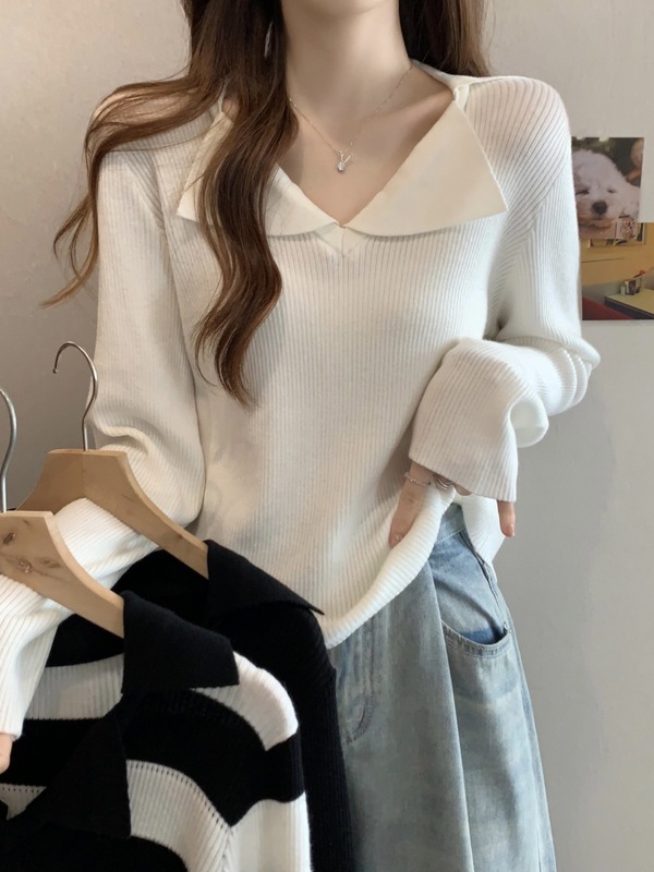大码洋气v领内搭针织打底衫女装早秋胖mm显瘦遮肚子条纹长袖上衣|undefined