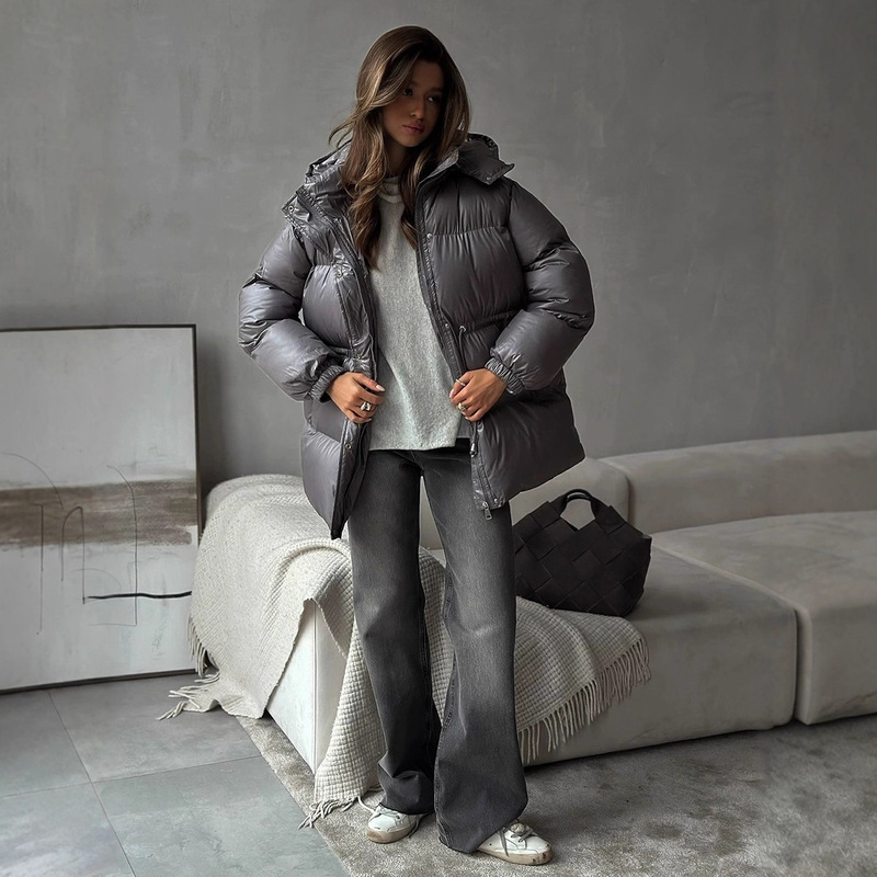 Cross-Border Drawstring Slim-Fit Cotton Jacket, European and American Style, 2025 Winter New Model, Hooded Zip-Up Cotton Jacket, Comfortable and Warm Cotton Coat