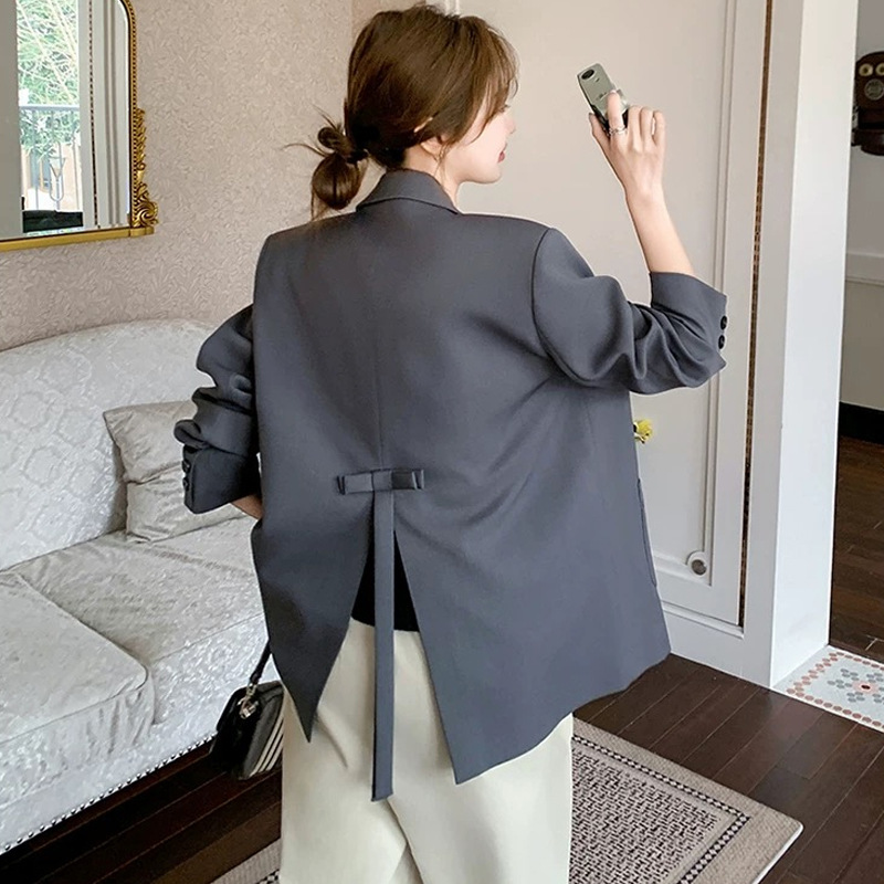 Trendy Casual Gray Blazer for Women Spring and Autumn 2025 New Design with Subtle Slit and Bow Suit