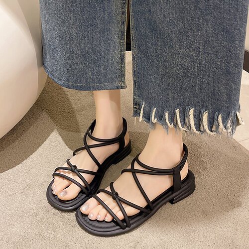 2025 Summer New Flat Sandals for Women, External Wear with Elastic Band, Ankle-Crossing Soft Sole, Student Casual Sandals for Wholesale