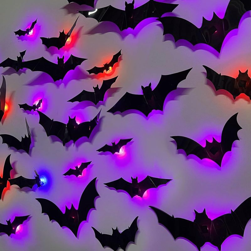 新しいハロウィン夜光コウモリ3D立体黒コウモリウォールステッカー、ハロウィンパーティーの雰囲気作りに光るコウモリ|undefined