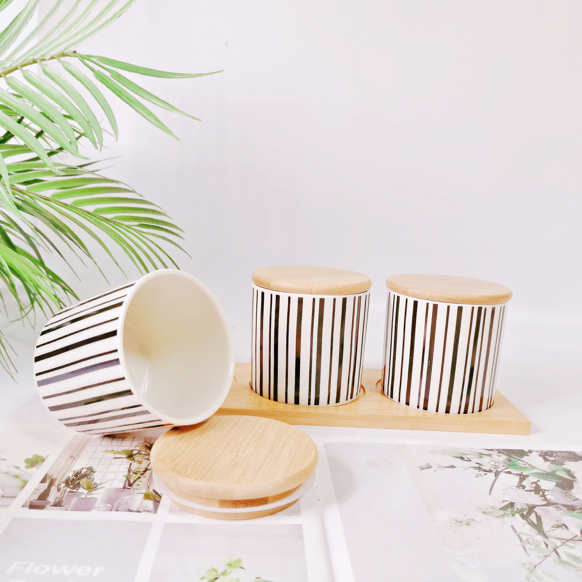 Simple Oriente Medio Exportación de cerámica sellada Jar cocina condimento Jar con bandeja de madera de 2 piezas de almacenamiento condimento Jar