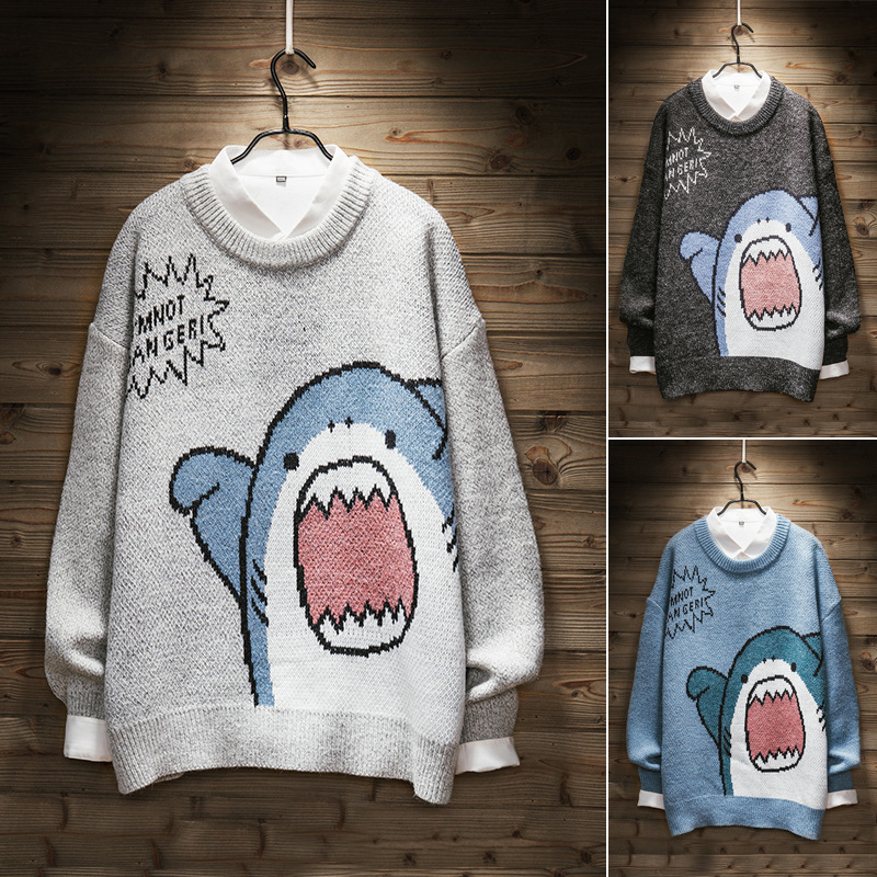 Japanese Style Autumn and Winter Cartoon Shark Crewneck Sweater Men's Hong Kong Style Lazy Style Retro Couple Coat Thickened Sweater Jacket Japanese Style Autumn and Winter Cartoon Shark Crewneck Sweater Men's Hong Kong Style Lazy Style Retro Couple Coat Thickened Sweater Jacket