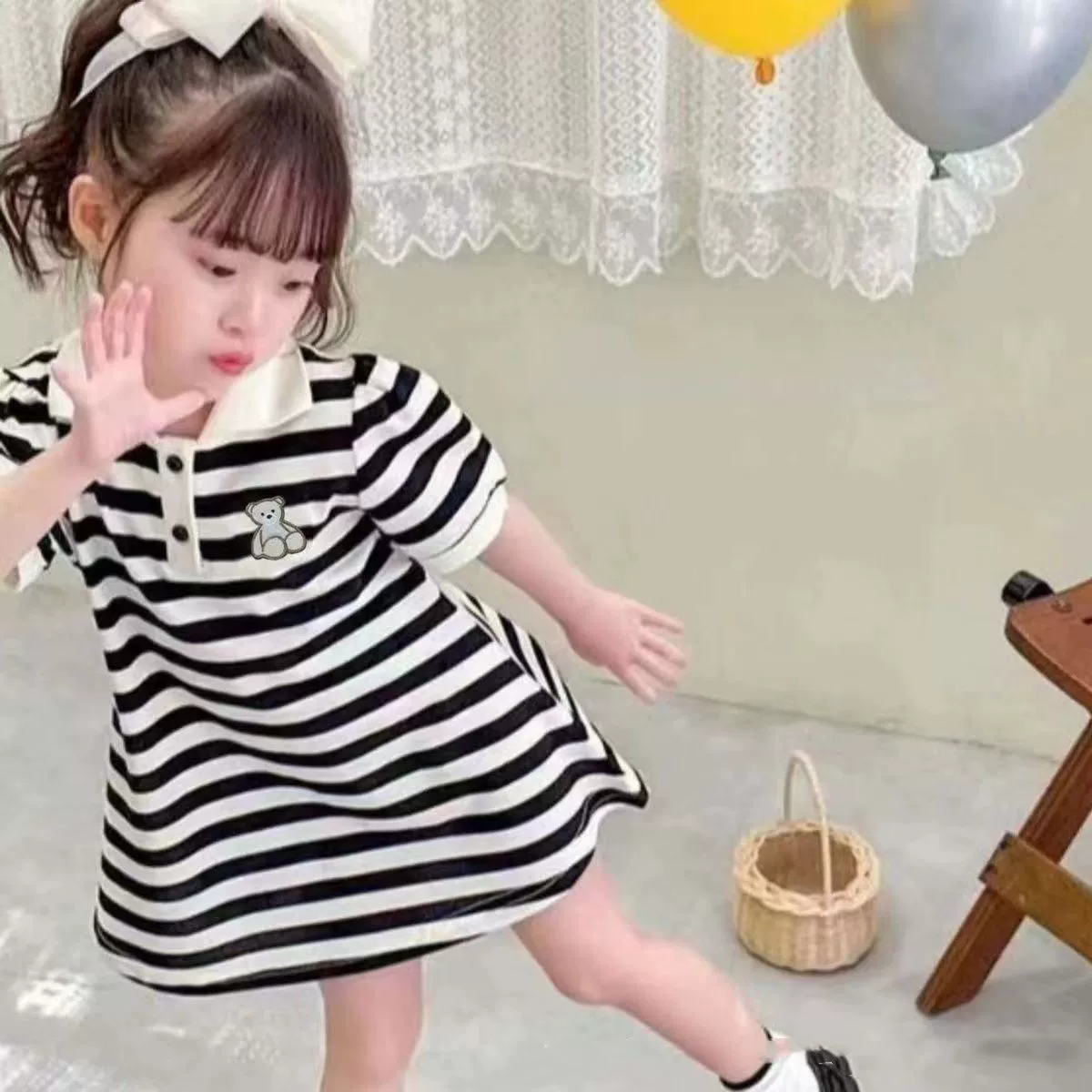 Летнее платье, юбка для девочки, летняя одежда, с коротким рукавом, поло воротник, А-силуэт, инфлюенсер