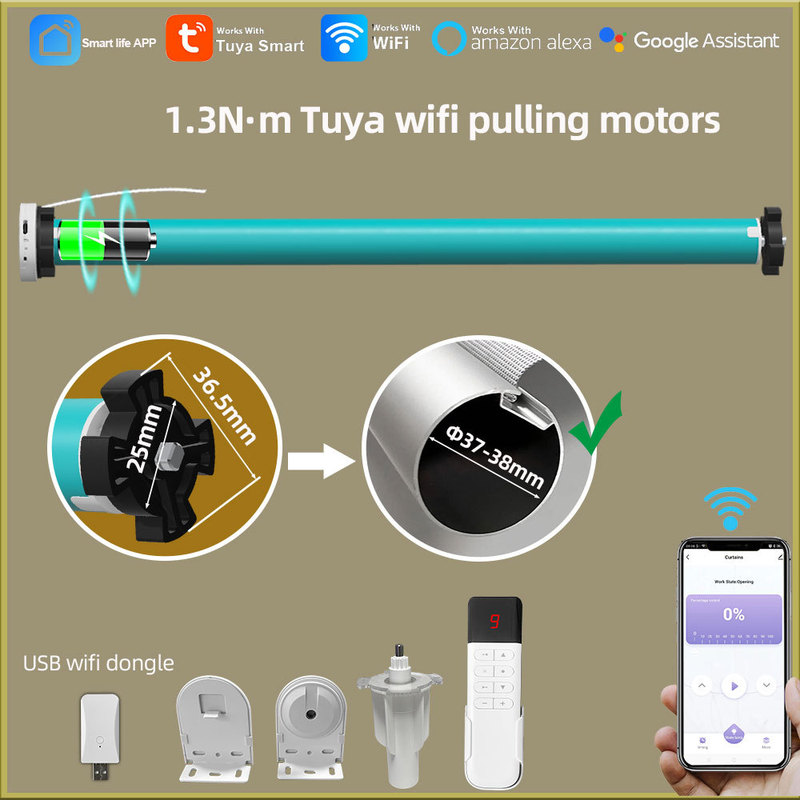 1.3N.M Tuya Wifi Lithium Battery Smart Roller Blind Tubular Electric Curtain Motor Suitable for 38mm Aluminum Tube